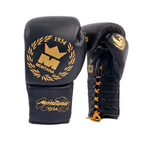 Gants de boxe PRO cuir lacets Montana Noir - Matériel sport pas cher – Meilleur rapport qualité-prix Paire gants de boxe professionnelle 100% cuir