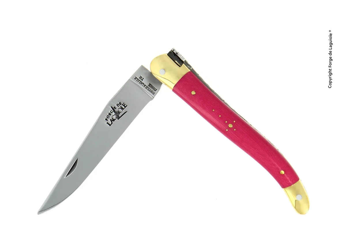 Couteau pliant 11 cm en tissu compressé rose, mitres laiton - Édition Limitée – L’Art de la Table Française en Promotion ! - {'count': 1, 'name': 'Impression'}