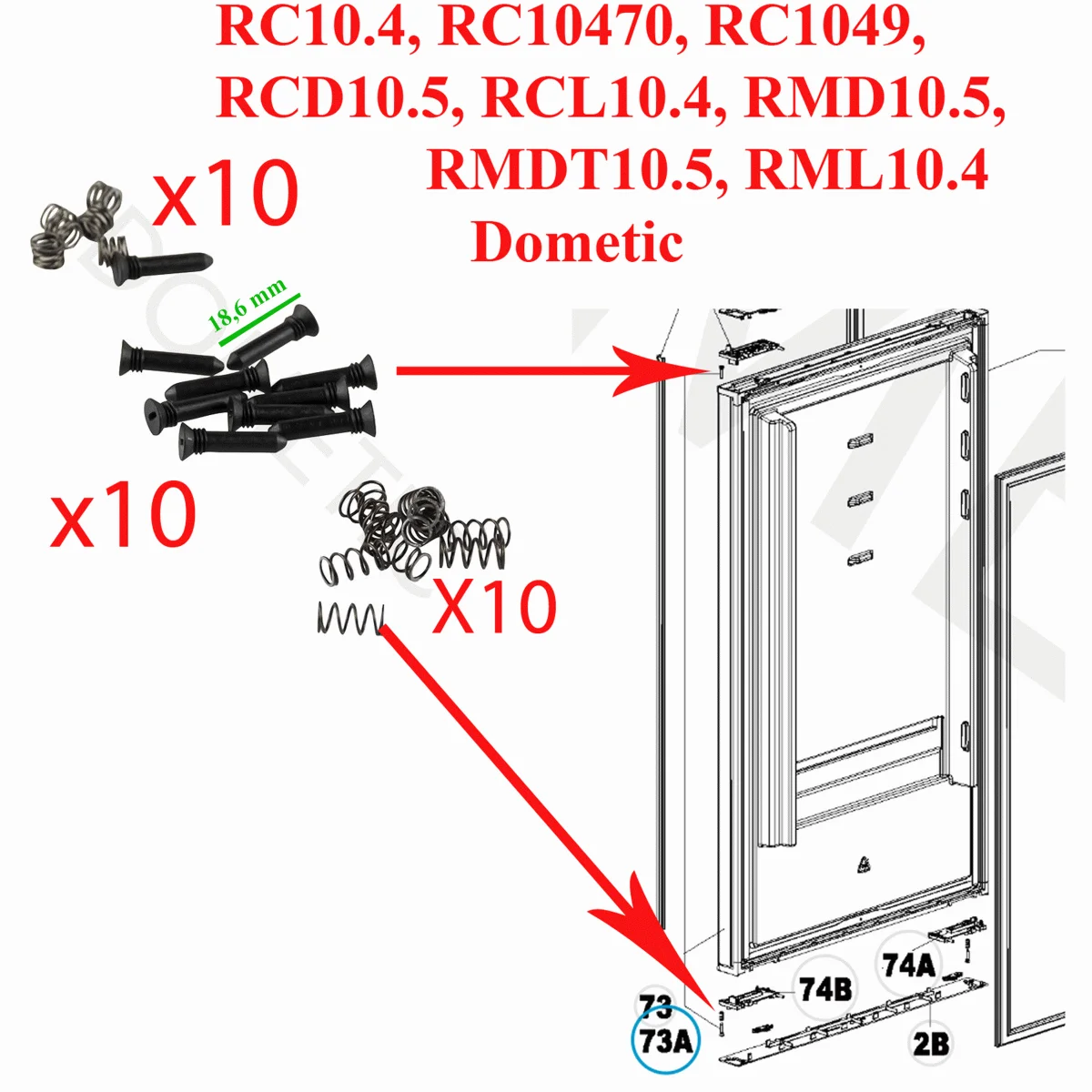 Dometic, 10 vis en plastique noir et les ressorts du système de fermeture des portes double ouvertures des modèles RC10.4, RC10470, RC1049, RCD10.5, RCL10.4, RMD10.5, RMDT10.5, RML10.4 - Accessoires Outdoor pour Plus de Liberté de Mouvement - {'count': 1, 'name': 'ORIGINE'}